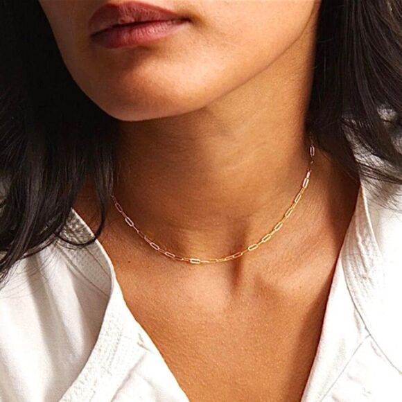 14k Solid Gold paperclip necklace | 1.5 mm paperclip chain | 16 inches long | - Picture 2 of 10